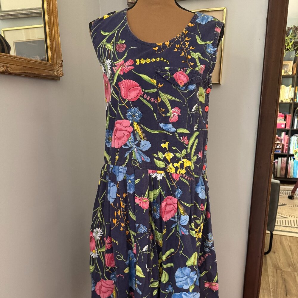 Vintage Drop Waist Botanical Floral Market Day Dress 100% Cotton Pockets Tunic